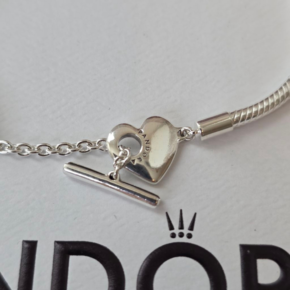 Pandora Silver Snake Chain Heart T-Bar Bracelet Size 8.25 - Picture 4 of 5